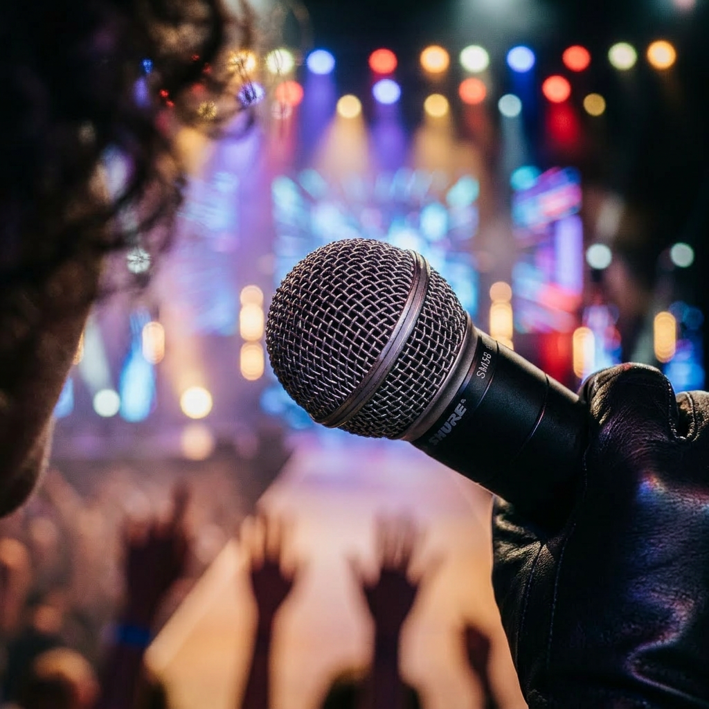 Singer passionately performing on stage with microphone and colorful lights
